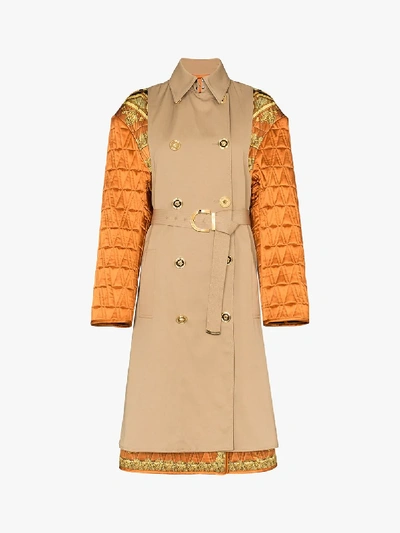 Shop Versace Quilted Sleeve Baroque Trench Coat In Brown