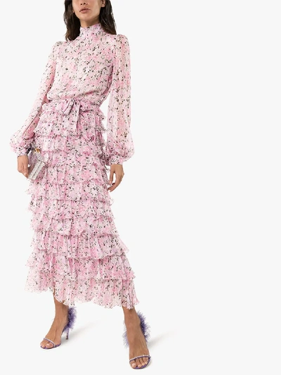 Shop Giambattista Valli Floral Ruffled Silk Dress In Pink