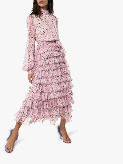 Shop Giambattista Valli Floral Ruffled Silk Dress In Pink