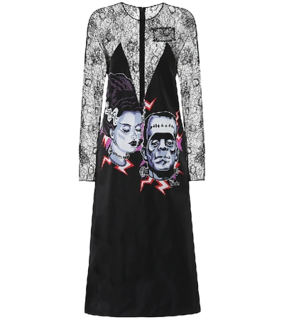 Shop Prada Printed Lace Midi Dress In Black