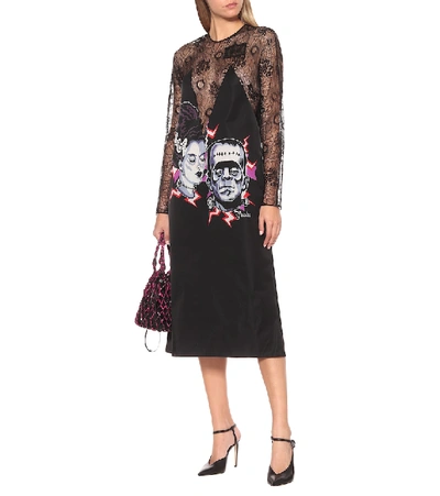 Shop Prada Printed Lace Midi Dress In Black