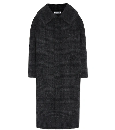 Shop Balenciaga Checked Wool-blend Coat In Grey