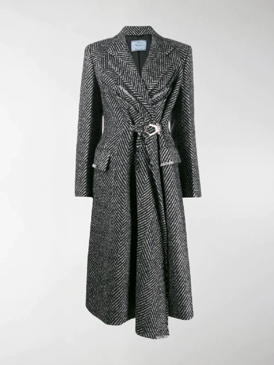Shop Prada Herringbone Weave Belted Coat In Black