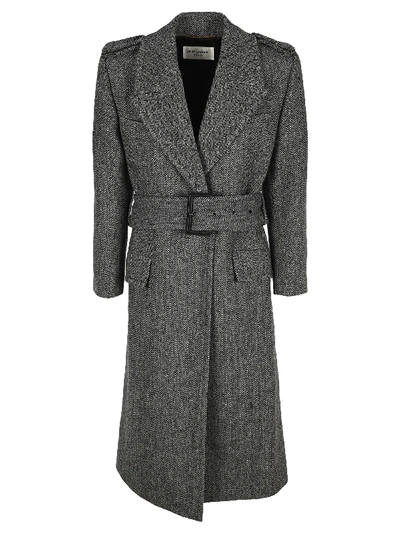 Shop Saint Laurent Belted Herringbone Coat In Grey Black