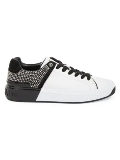 Shop Balmain B-court Crystal-embellished Leather Sneakers In Blanc Noir
