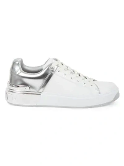 Shop Balmain B-court Mirror Leather Sneakers In Silver