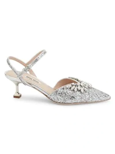 Shop Miu Miu Jewelled Glitter Slingback Pumps In Argento