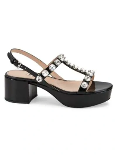 Shop Miu Miu Women's Jeweled Patent Leather Slingback Platform Sandals In Nero