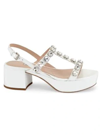 Shop Miu Miu Women's Jeweled Patent Leather Slingback Platform Sandals In Bianco