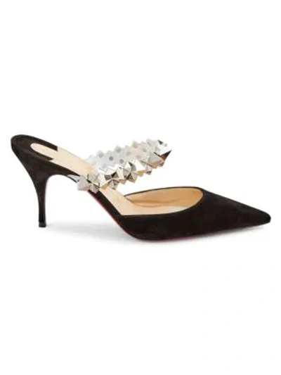 Shop Christian Louboutin Planet Studded Suede Mules In Black Silver