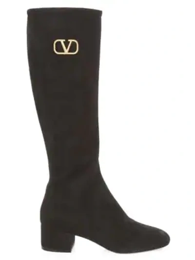 Shop Valentino Garavani Vlogo Knee-high Suede Boots In Nero