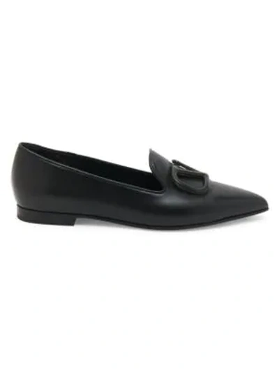 Shop Valentino Garavani Vlogo Point-toe Leather Loafers In Black