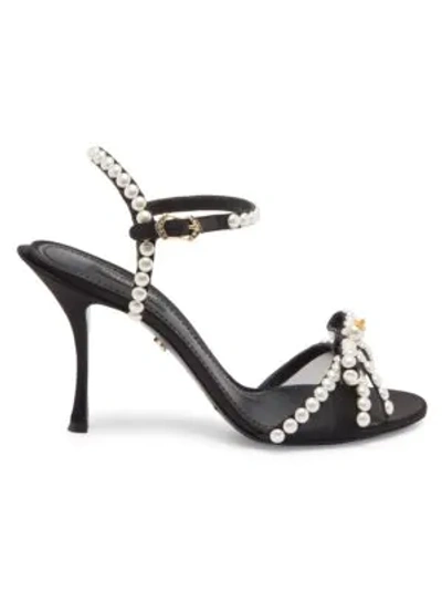Shop Dolce & Gabbana Faux Pearl & Crystal-embellished Bow Sandals In Nero
