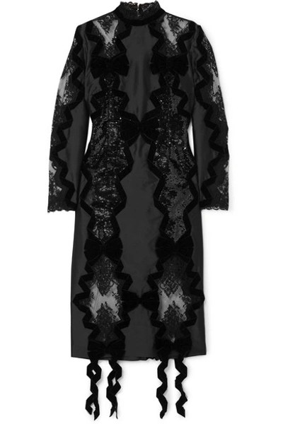 Shop Erdem Diletta Velvet-trimmed Sequined Satin And Lace Midi Dress In Black