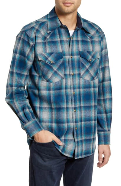 Shop Pendleton Canyon Regular Fit Plaid Snap-up Wool Flannel Shirt Jacket In Grey/ Turquoise Ombre