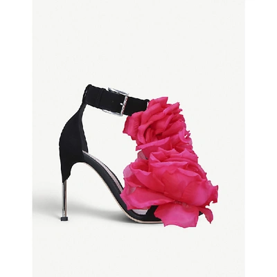Shop Alexander Mcqueen Floral-embellished Leather Heeled Sandals In Blk/other