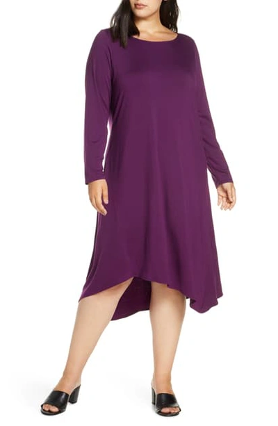 Shop Eileen Fisher Tencel Lyocell Blend Long Sleeve Asymmetrical Dress In Raisin