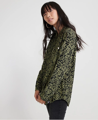 Shop Superdry Women's Winter Shirt Green / Khaki Animal Print - Size: 10