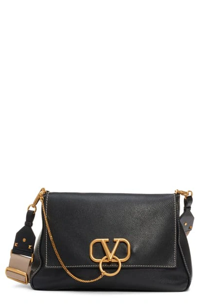 Shop Valentino Large V-ring Leather Shoulder Bag In Nero/ Naturale