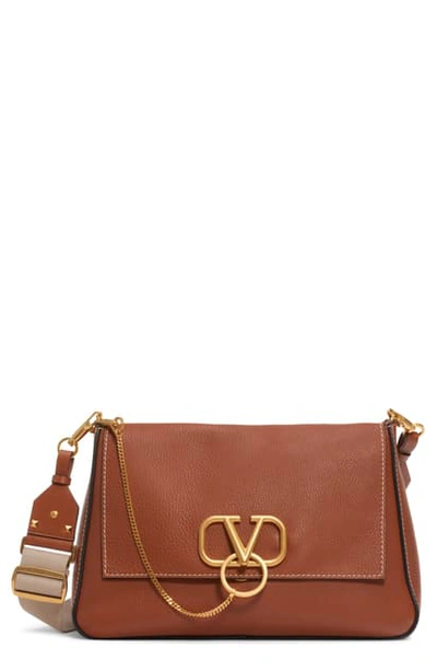 Shop Valentino Large V-ring Leather Shoulder Bag In Selleria/ Naturale