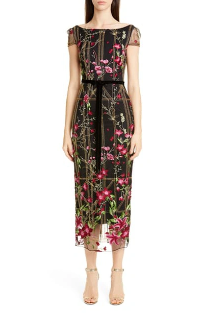 Shop Marchesa Notte Floral Embroidered Midi Dress In Black