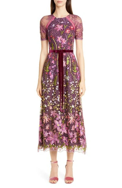 Shop Marchesa Notte Embroidered Midi Cocktail Dress In Wine