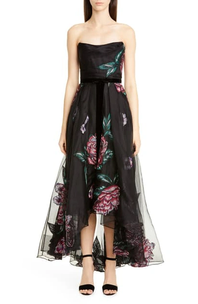 Shop Marchesa Notte Strapless Embroidered High/low Gown In Black