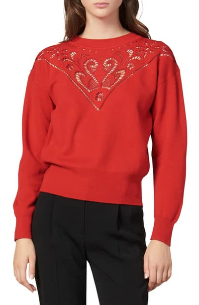Shop Sandro Ardor Lace Yoke Wool Blend Sweater In Red