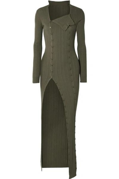 Shop Jacquemus La Robe Maille Azur Ribbed-knit Maxi Dress In Army Green