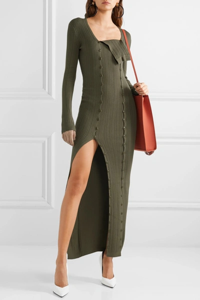 Shop Jacquemus La Robe Maille Azur Ribbed-knit Maxi Dress In Army Green