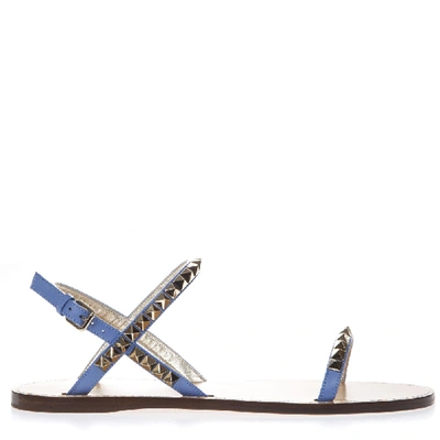 Shop Valentino Sky Blue Rockstud Leather Sandal In White