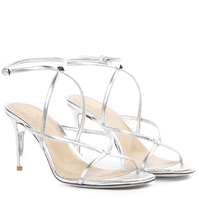 Shop Valentino Rockstud Silver Leather Sandal In White