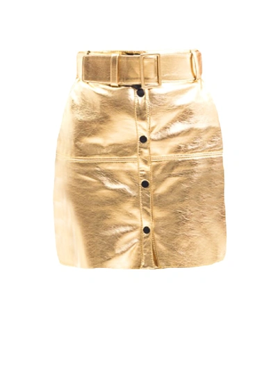 Shop Msgm Belted Gold-tone Eco Leather Mini Skirt In Brown