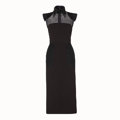 Shop Fendi Long Gabardine Mesh Dress In Black