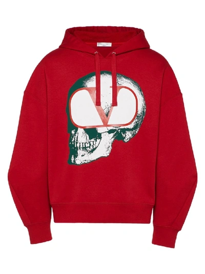 Shop Valentino Skull Logo Hoodie In Red
