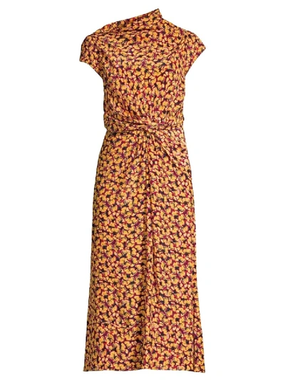 Shop Saloni Multicolored Silk Draped Midi Dress In Brown