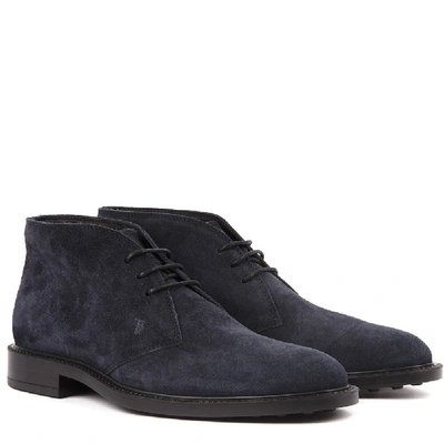 Shop Tod's Dark Blue Suede Laced Up Shoes In Black