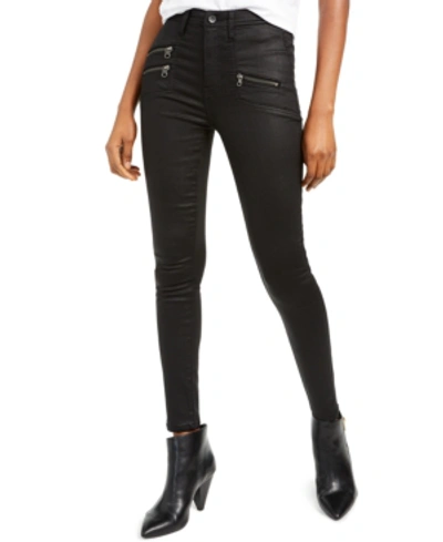 Shop Kendall + Kylie Coated Zipper-pocket Skinny Jeans In Ninja
