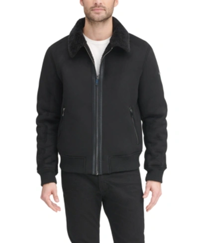 Shop Dkny Men's Faux Shearling Bomber Jacket With Faux Fur Collar, Created For Macy's In Black