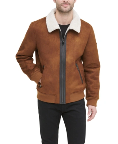 Shop Dkny Men's Faux Shearling Bomber Jacket With Faux Fur Collar, Created For Macy's In Brown