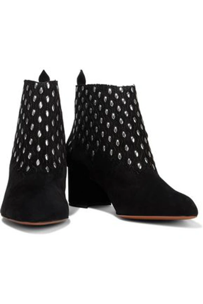 Shop Alaïa Studded Laser-cut Suede Ankle Boots In Black