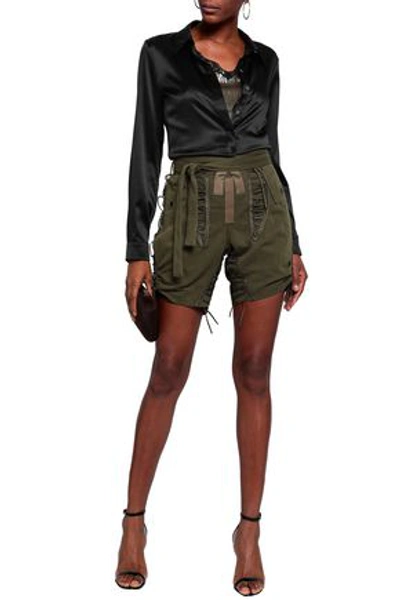 Shop Saint Laurent Woman Lace-up Cotton And Linen-blend Twill Shorts Army Green