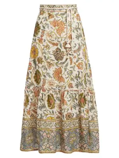 Shop Zimmermann Edie Floral Linen Midi Skirt In Cream Paisley