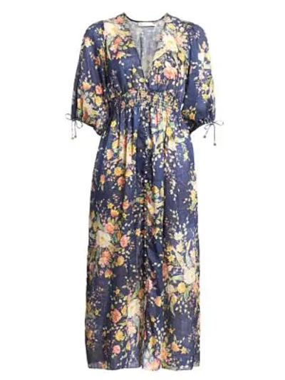 Shop Zimmermann Zinnia Floral Linen Midi Dress In Cobalt Floral