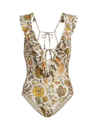 Shop Zimmermann Edie Ruffle Floral One-piece Swimsuit In Cream Paisley