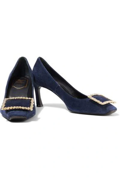 Shop Roger Vivier Trompette Stella Crystal-embellished Suede Pumps In Navy