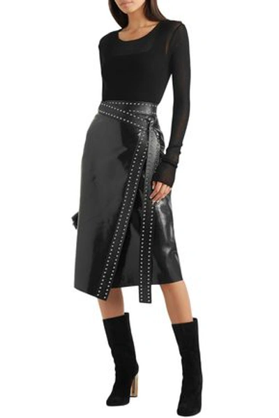Shop Alexander Mcqueen Studded Snake-effect Leather Midi Wrap Skirt In Black