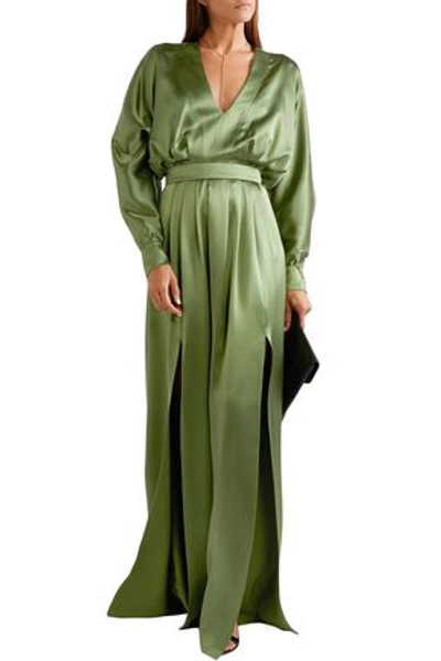 Shop Balmain Pleated Silk-satin Gown In Leaf Green