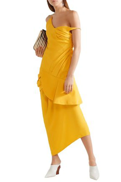 Shop Jacquemus La Robe Sol Off-the-shoulder Ruffled Canvas Midi Dress In Marigold