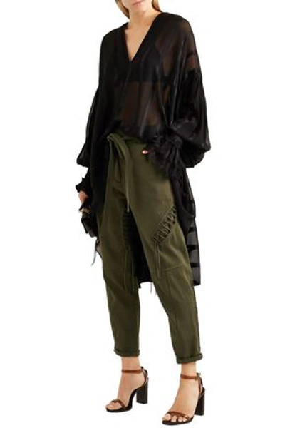 Shop Saint Laurent Woman Belted Lace-up Cotton And Linen-blend Twill Tapered Pants Army Green